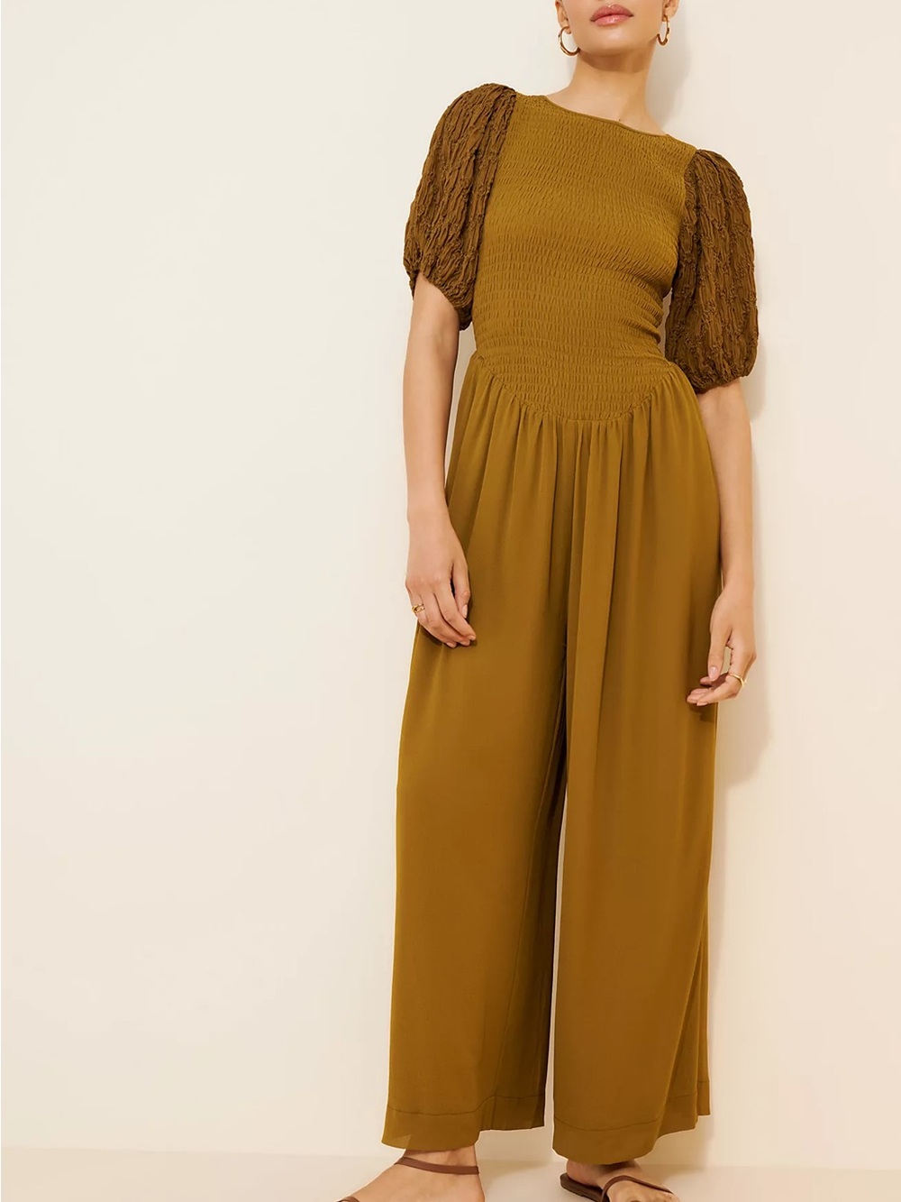 FREE PEOPLE Temperley Puff Sleeve JUMPSUIT Size  MRuched Wide Leg Olive NEW $228
